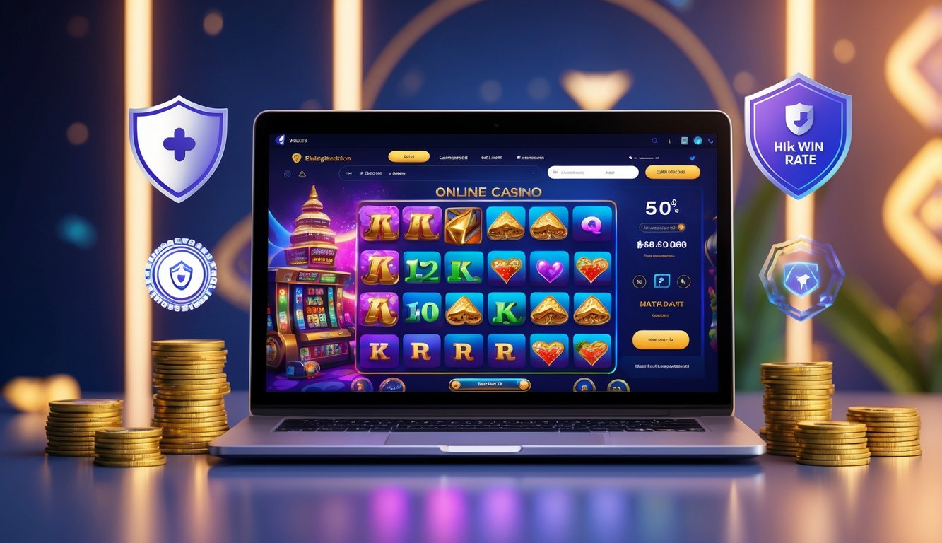 Seseorang menggunakan laptop atau ponsel yang menampilkan permainan kasino online dengan simbol keamanan dan suasana yang profesional.