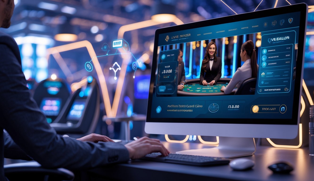 Seorang dealer kasino langsung sedang berinteraksi dengan pemain melalui perangkat digital dalam suasana kasino online yang modern dan canggih.