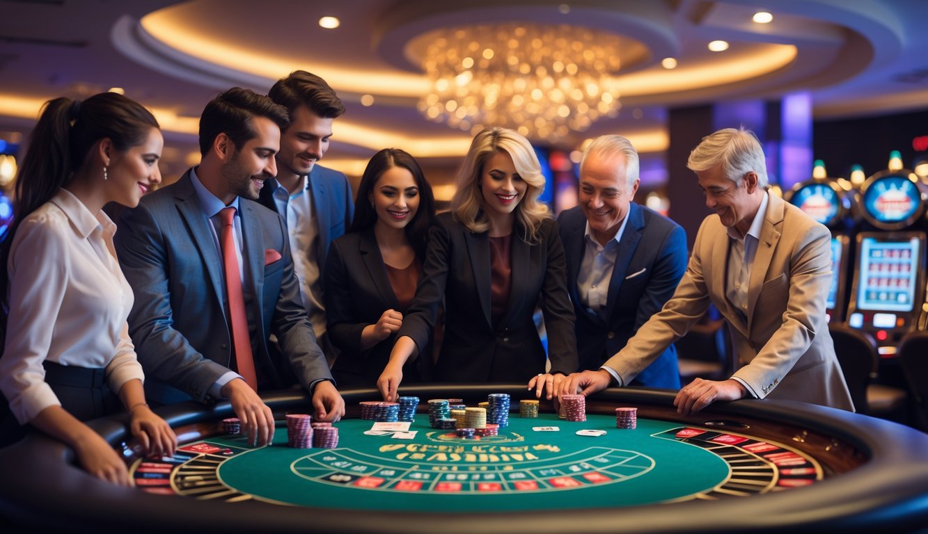 Orang-orang bermain berbagai permainan kasino di lingkungan kasino yang modern dan nyaman.