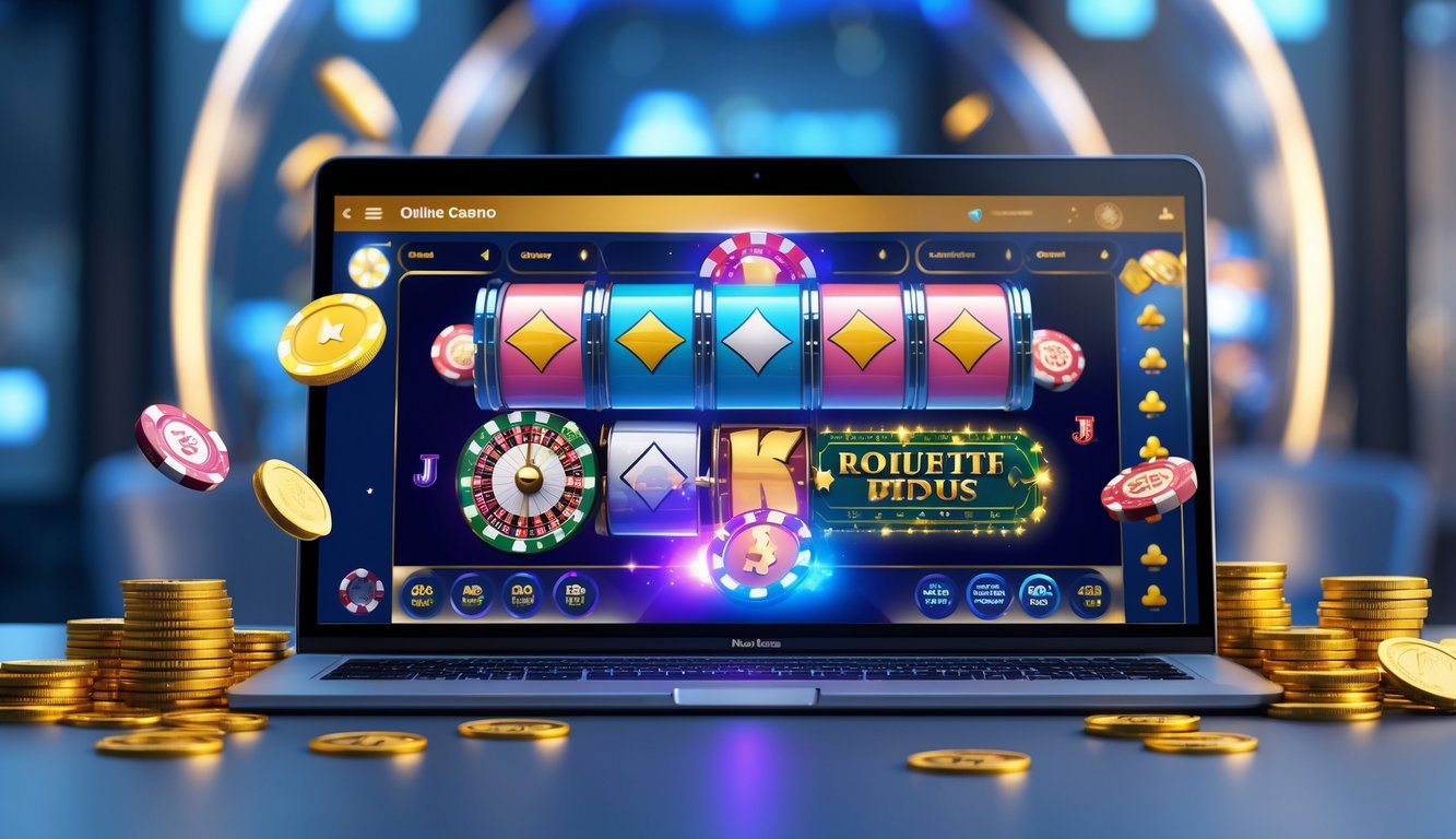 Sebuah layar komputer menampilkan antarmuka kasino online dengan mesin slot, kartu poker, dan roda roulette, dikelilingi oleh koin emas dan chip poker.