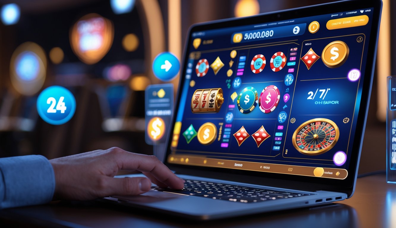 Seseorang menggunakan komputer dengan tampilan permainan kasino online yang aman dan mudah diakses sepanjang waktu.