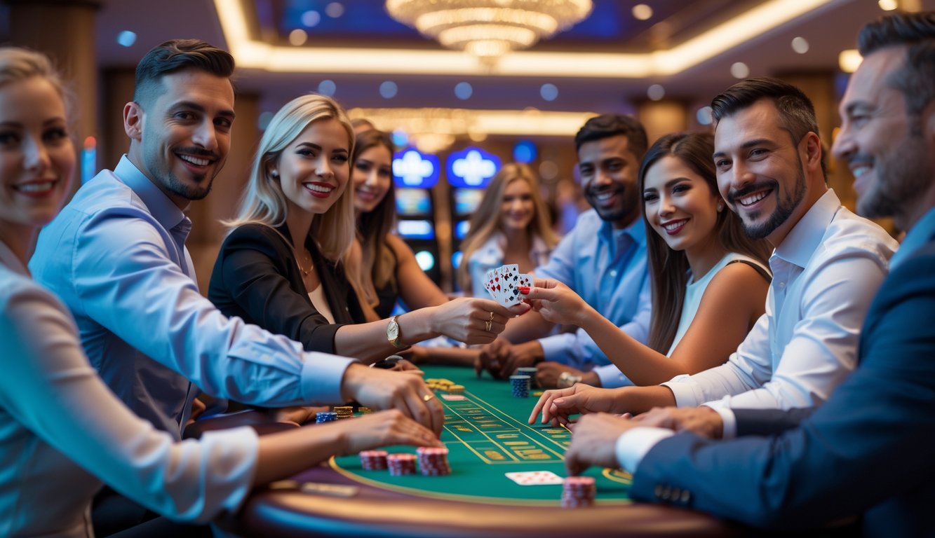 Orang-orang bermain di kasino modern dengan suasana yang nyaman dan profesional.