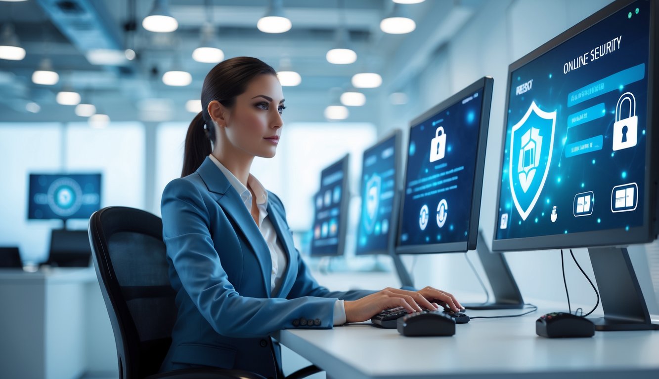 Seorang wanita profesional duduk di depan komputer dengan layar yang menampilkan simbol keamanan dan permainan kasino online di kantor modern.