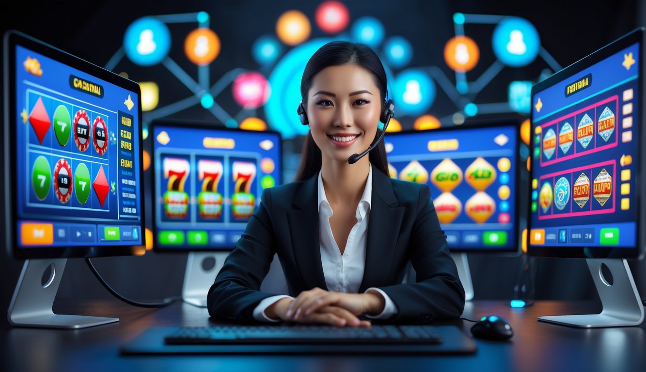 Seorang wanita Asia duduk di depan komputer dengan layar menampilkan permainan kasino online, tersenyum dan mengenakan headset di lingkungan kantor modern.