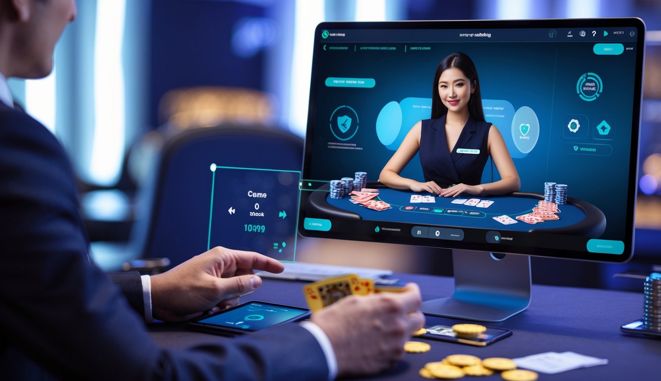 Seorang dealer profesional sedang memandu permainan Ceme online dengan antarmuka digital yang modern dan suasana yang aman serta terpercaya.