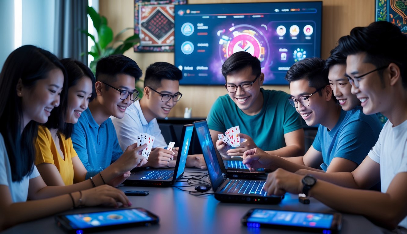 Sekelompok orang muda bermain permainan kartu online di ruangan modern dengan suasana ceria dan fokus.