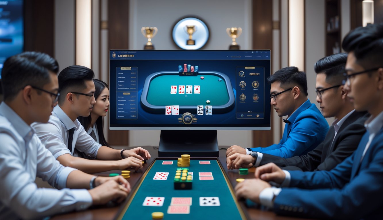 Beberapa pemain profesional sedang bermain judi Ceme online di depan layar komputer dengan suasana ruangan yang modern dan terang.