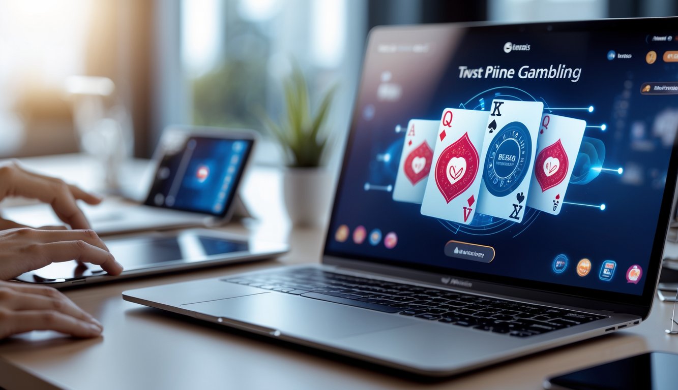 Seorang pengguna duduk di depan laptop dengan tampilan permainan kartu digital, di sekitar terdapat perangkat teknologi seperti ponsel dan tablet, menggambarkan suasana transaksi cepat dan terpercaya dalam judi online.