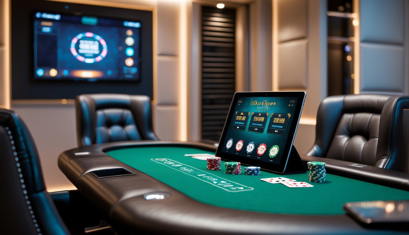 Ruangan pribadi mewah dengan meja kartu, kursi kulit, dan layar digital untuk bermain judi online.