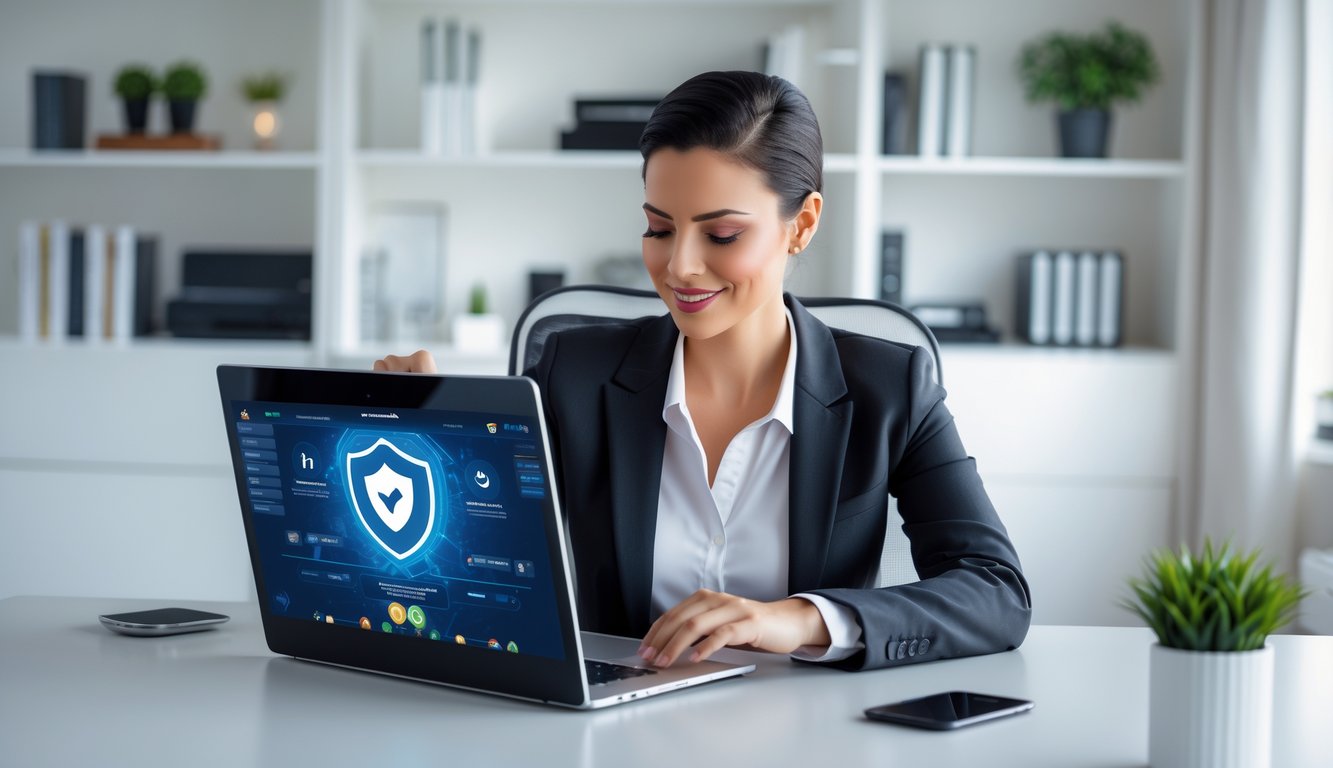 Seorang individu duduk di meja modern menggunakan laptop di ruang kerja rumah yang terang dan rapi, terlihat fokus dan percaya diri.