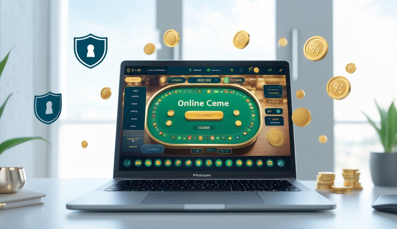 Sebuah laptop di meja menampilkan permainan Ceme online dengan ikon koin dan hadiah di sekitarnya, menggambarkan pengalaman permainan yang terpercaya dan menguntungkan.