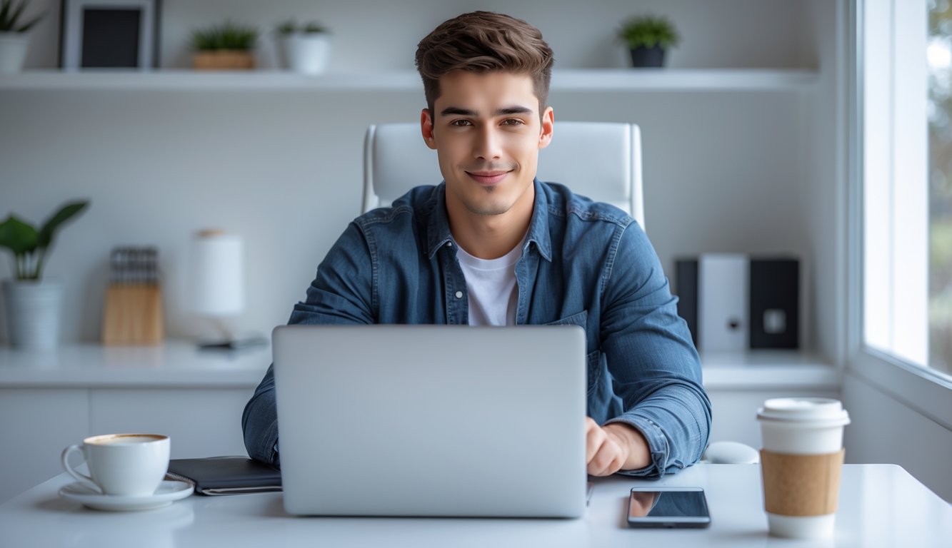 Seorang pria muda menggunakan laptop di meja kerja di ruang kantor rumah yang terang dan rapi.