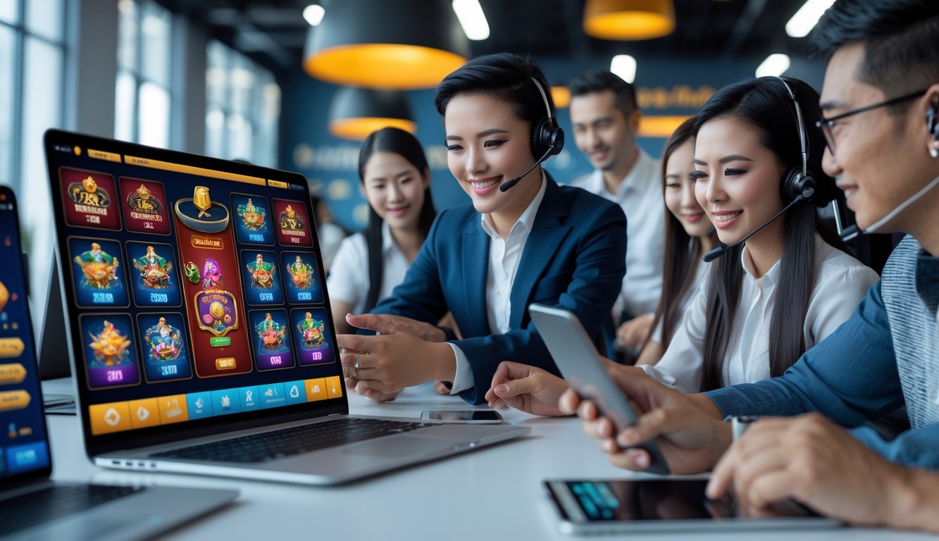 Seorang staf layanan pelanggan dengan headset membantu pemain yang menggunakan perangkat digital dalam suasana kantor yang rapi dan terang.