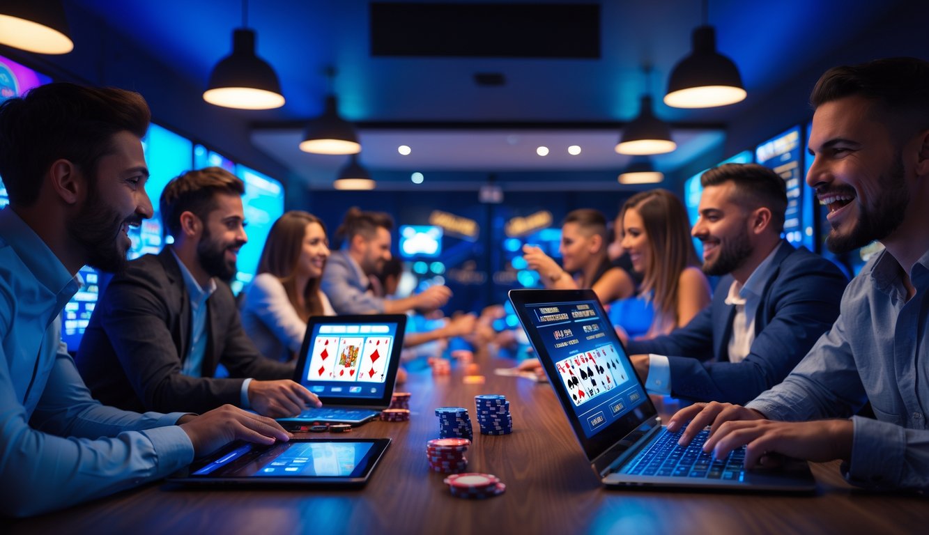 Sekelompok orang bermain permainan judi online dengan laptop dan ponsel di ruangan modern yang terang.