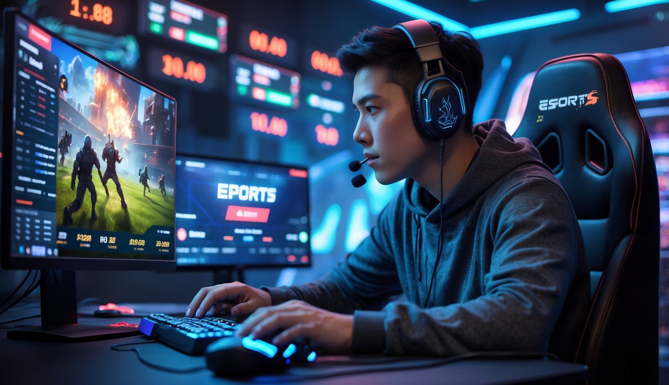 Seorang gamer muda fokus bermain esports di depan komputer dengan layar menampilkan permainan dan informasi taruhan online.