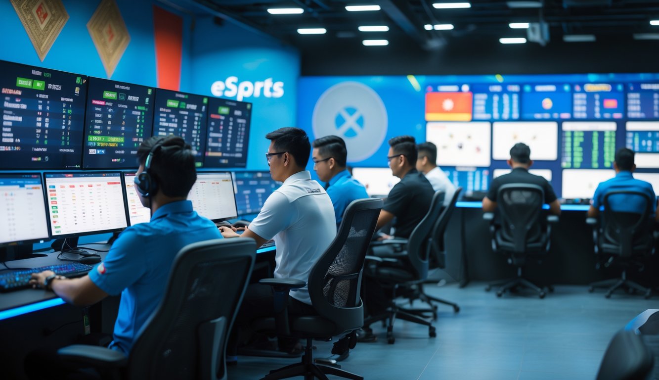 Sejumlah bettor profesional sedang fokus memasang taruhan esports secara online dengan layar komputer menampilkan pertandingan esports di latar belakang.