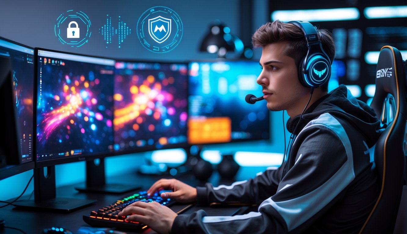 Seorang pemain esports muda yang fokus di depan komputer dengan beberapa monitor dan simbol keamanan digital di sekitarnya.