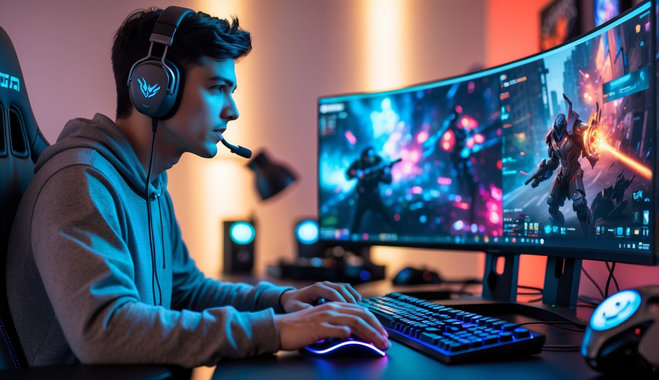 Seorang pemain esports muda sedang bermain game di depan monitor besar dengan perlengkapan gaming di ruangan yang terang dan modern.