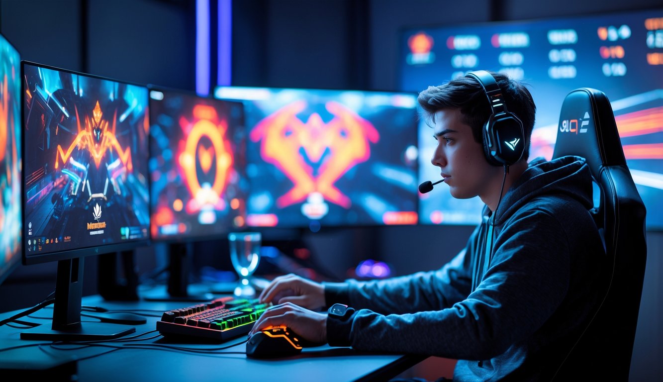 Seorang pemain esports muda yang fokus duduk di depan komputer dengan beberapa layar menampilkan permainan esports, di ruangan dengan pencahayaan LED yang dinamis.