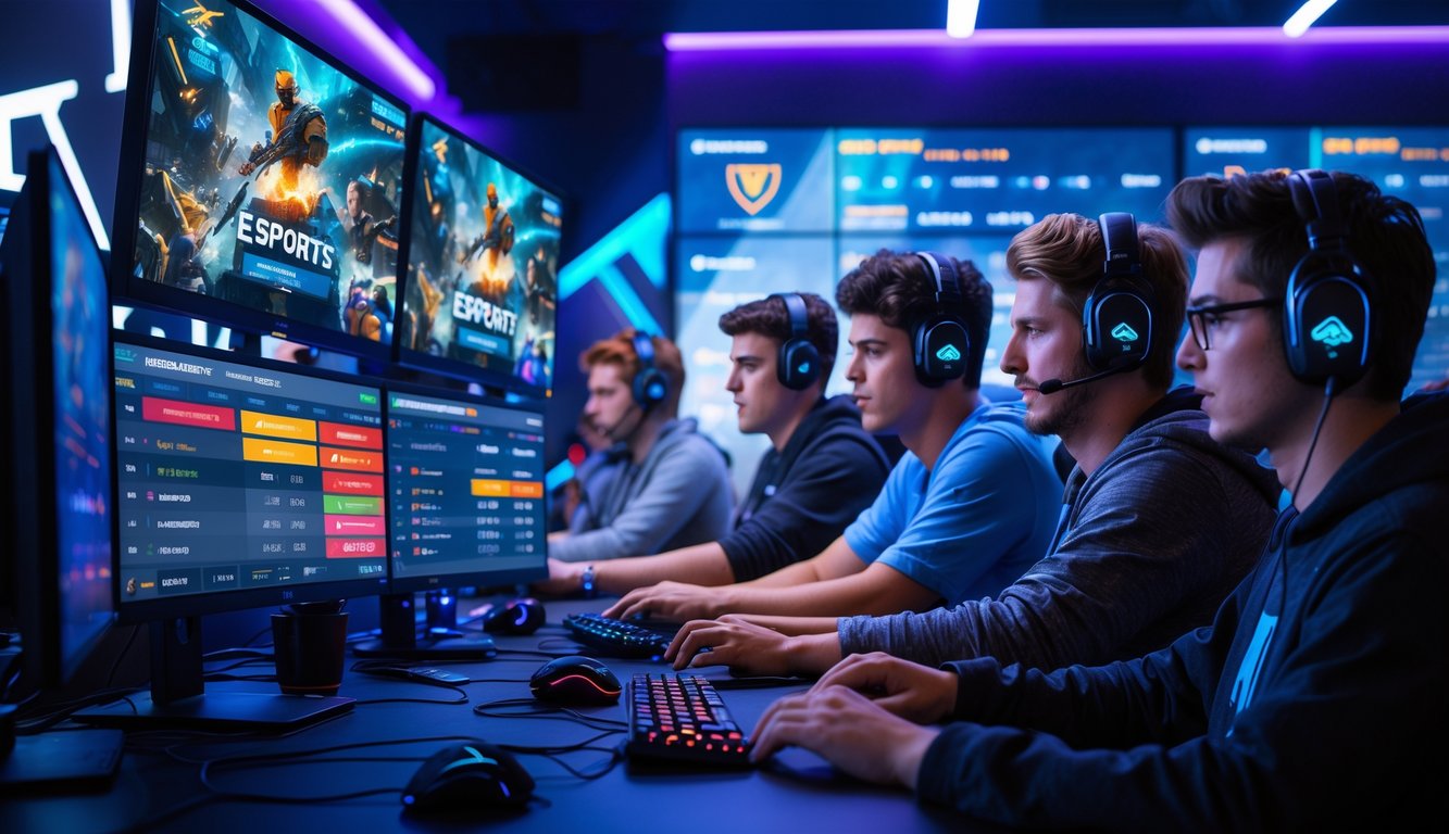 Sekelompok orang muda sedang bermain esports dan memasang taruhan secara online di ruangan gaming modern dengan layar komputer besar.
