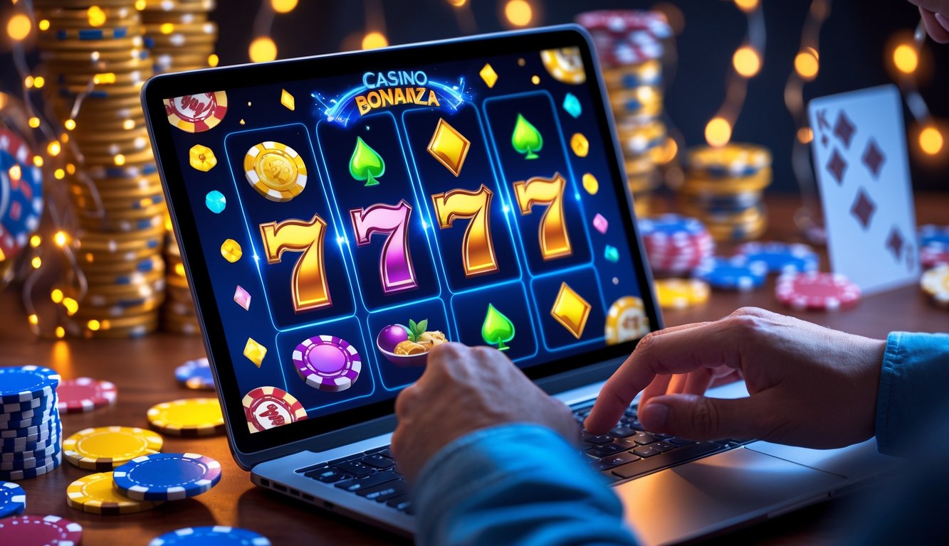 Seorang pemain menggunakan perangkat digital dengan tampilan permainan slot online yang penuh warna dan simbol keberuntungan, dikelilingi oleh elemen kasino seperti chip dan kartu.