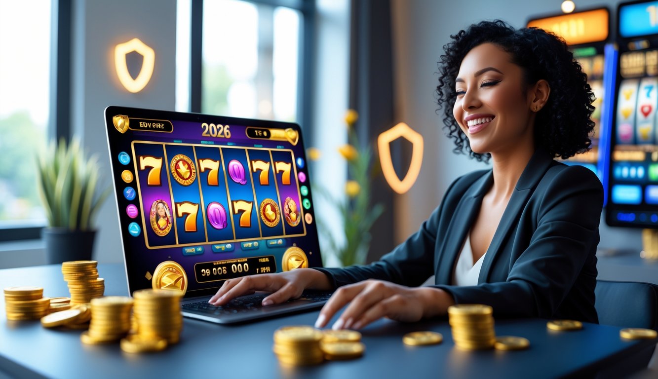 Seorang pemain dewasa sedang bermain mesin slot online di perangkat modern dalam ruangan yang terang dan nyaman.