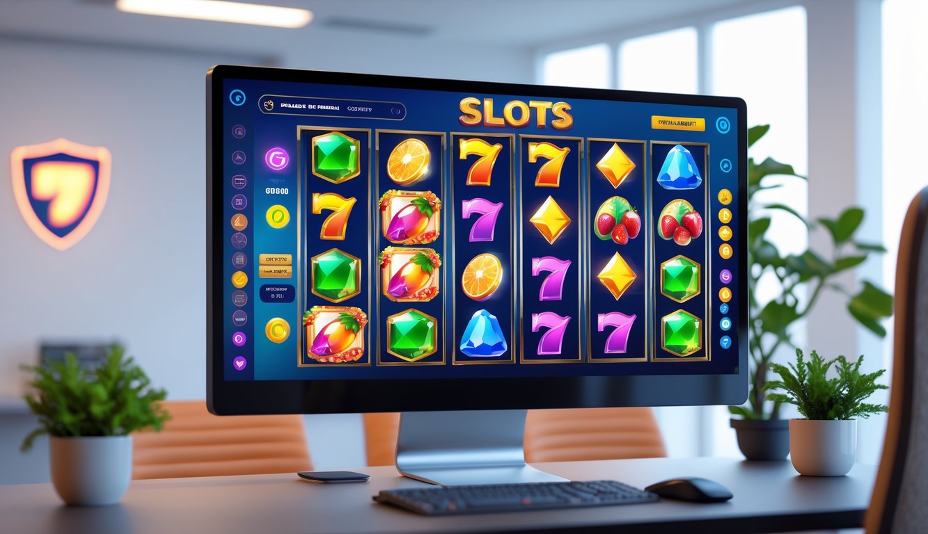 Suasana ruang kerja modern dengan monitor menampilkan permainan mesin slot warna-warni dan elemen yang menunjukkan keamanan dan kepercayaan.