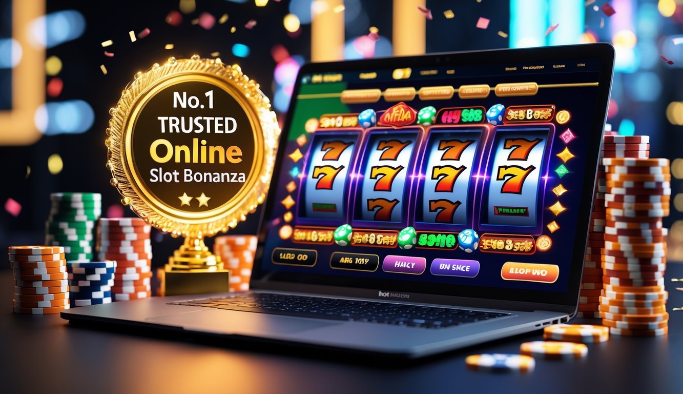 Sebuah komputer menampilkan permainan mesin slot yang berwarna-warni dengan suasana kasino yang cerah dan menarik.