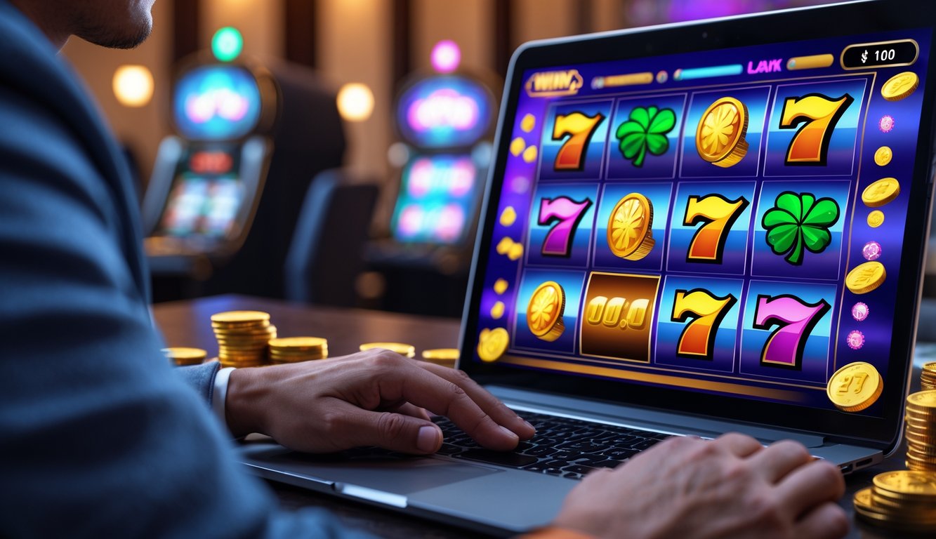 Seorang pengguna bermain permainan slot online di laptop dengan latar belakang suasana kasino yang nyaman dan pencahayaan lembut.