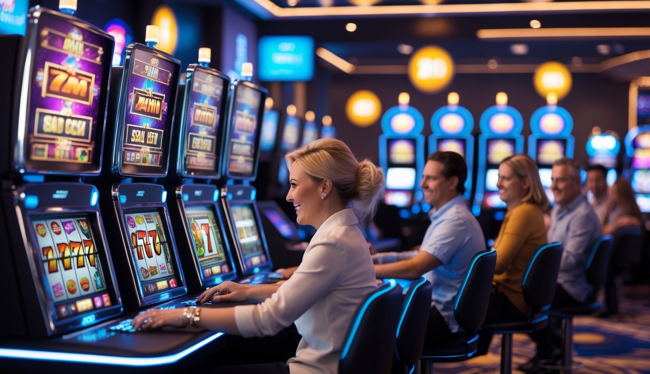 Orang-orang dewasa sedang bermain permainan slot online dengan suasana kasino yang cerah dan modern.