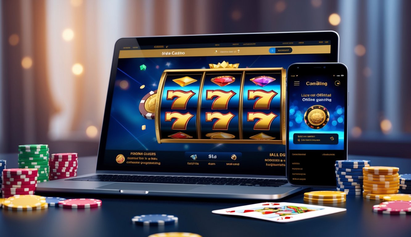 Sebuah laptop menampilkan permainan slot online dengan chip kasino dan kartu remi di sekitarnya pada meja yang rapi.