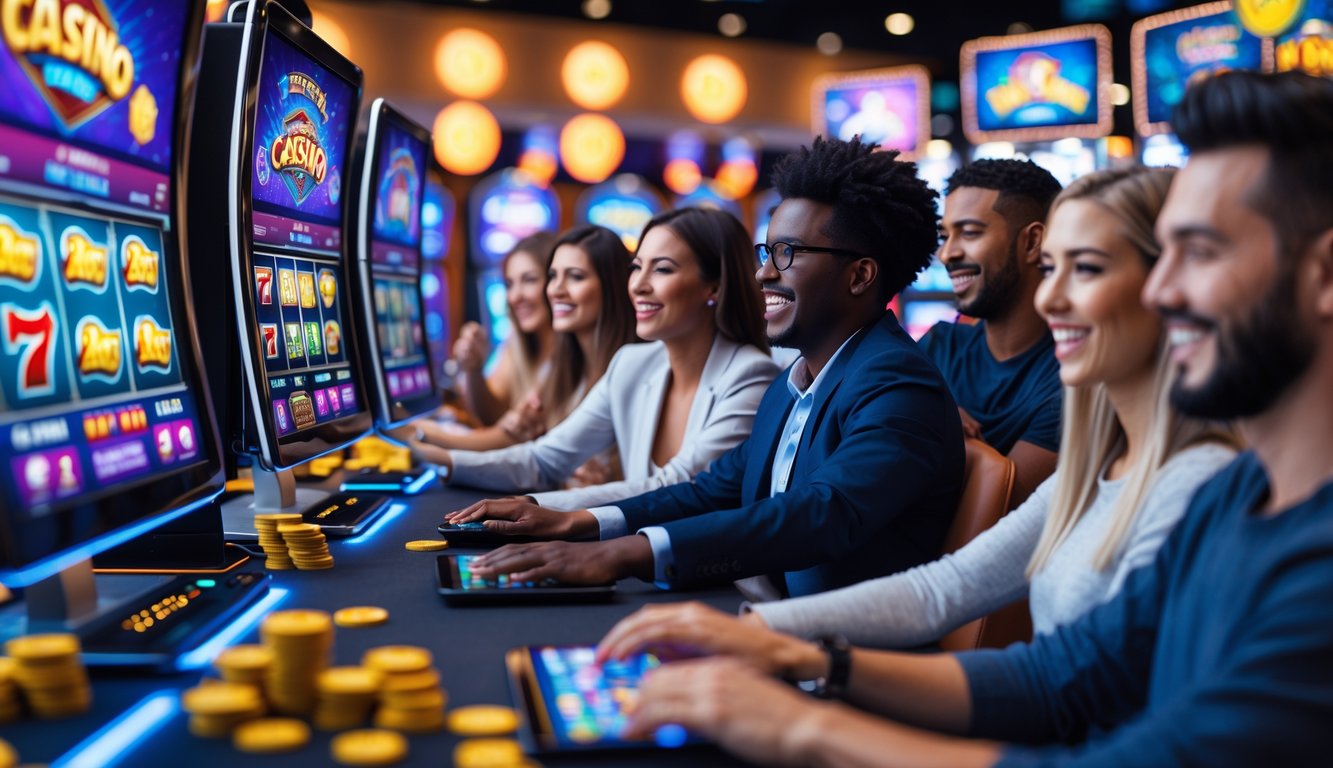 Orang-orang bermain permainan slot online di perangkat komputer dan ponsel dalam suasana kasino yang cerah dan ramai.