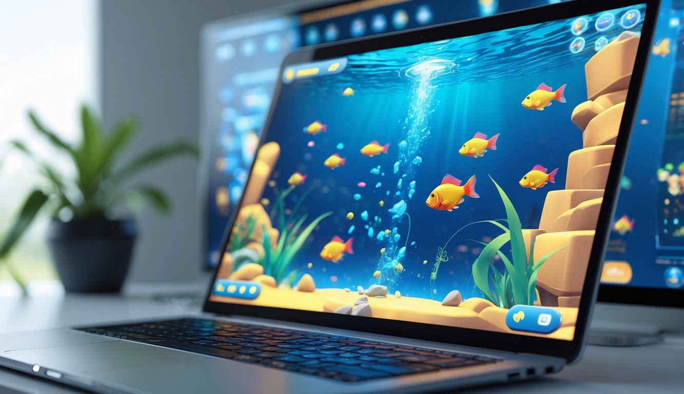 Seseorang sedang bermain game tembak ikan online di layar perangkat elektronik dengan latar belakang grafis ikan berwarna-warni di bawah air.