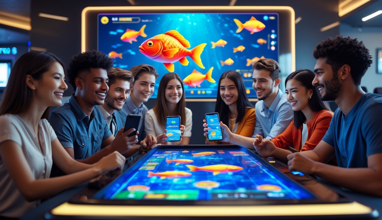 Sekelompok orang muda sedang bermain game tembak ikan online di ruang lounge modern dengan layar besar dan suasana ceria.