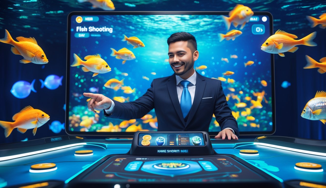 Seorang dealer profesional di depan layar permainan tembak ikan online dengan latar belakang bawah laut berwarna-warni dan ikan yang bergerak.