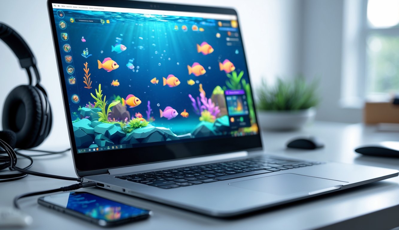 Seseorang sedang menggunakan komputer dengan layar menampilkan permainan tembak ikan berwarna-warni di lingkungan kerja yang rapi.