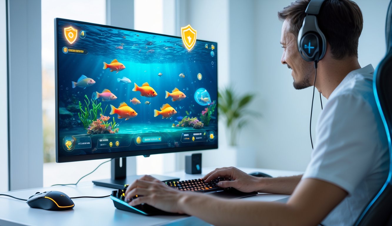 Seorang pemain dewasa fokus bermain permainan tembak ikan online di komputer dengan grafis ikan berwarna-warni di layar.