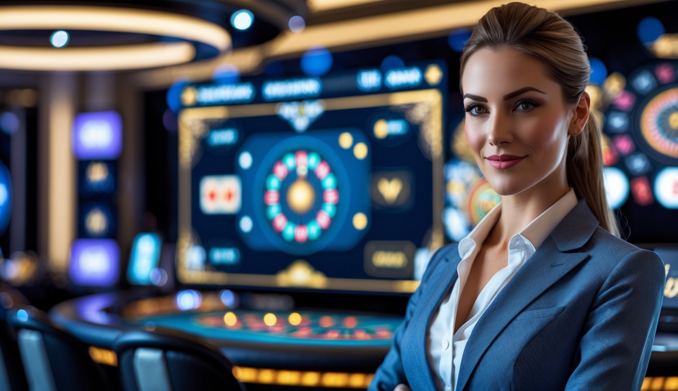 Seorang dealer wanita profesional di depan layar permainan kasino online dengan elemen kartu dan chip kasino di latar belakang.