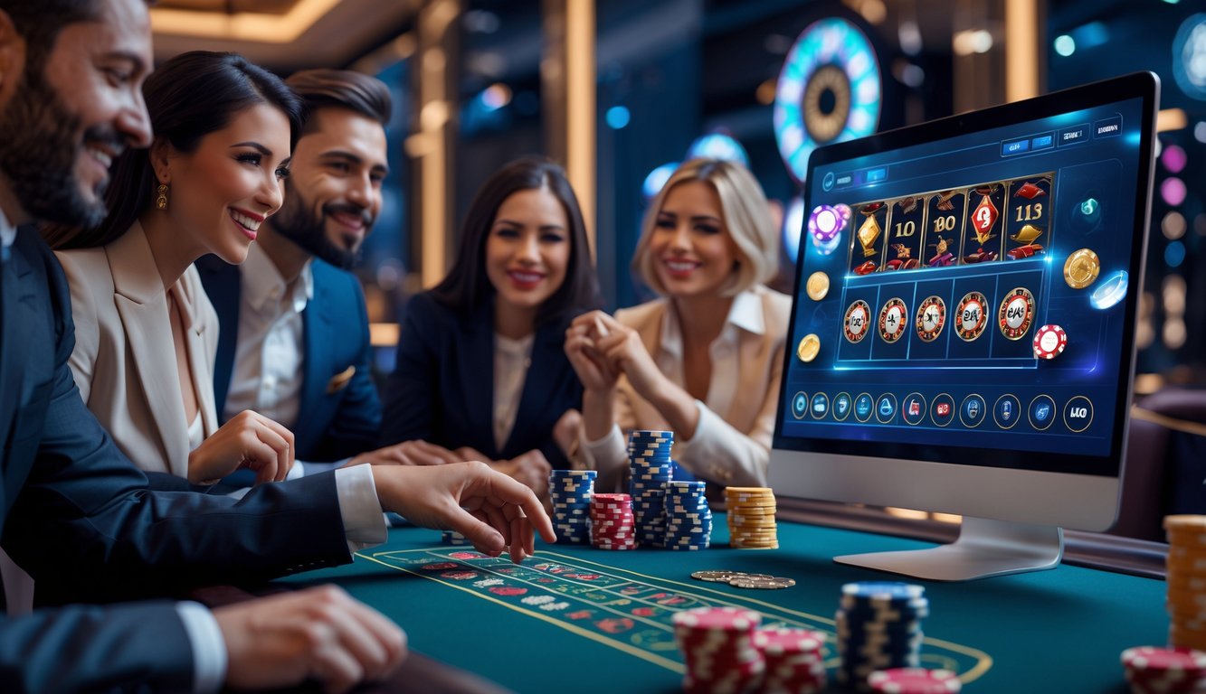Orang-orang yang bahagia menggunakan platform kasino online dengan latar belakang suasana mewah dan profesional.