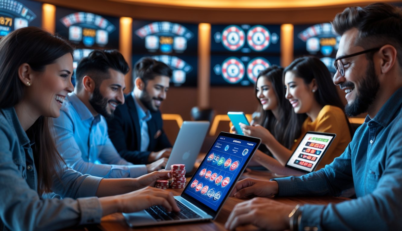 Sejumlah pemain sedang bermain permainan kasino online menggunakan laptop dan ponsel di ruangan yang terang dan modern.