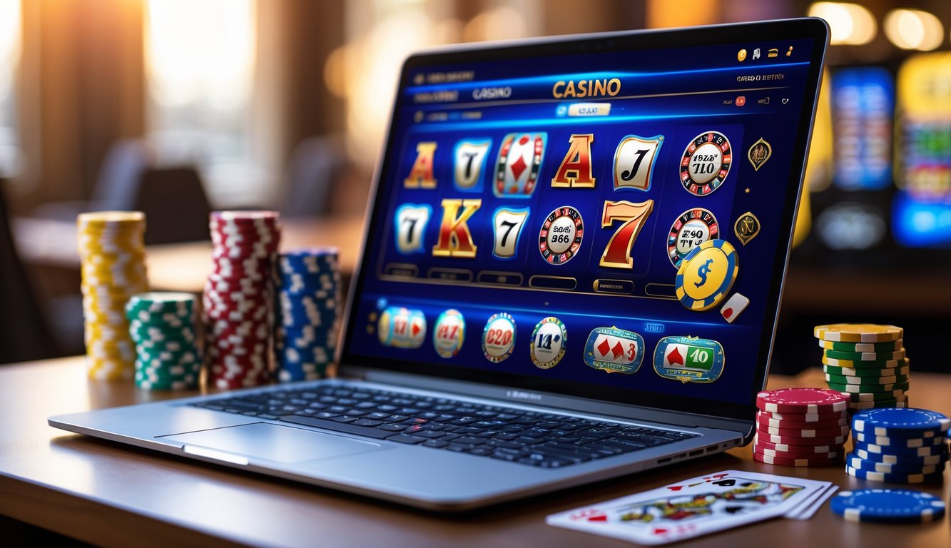 Orang menggunakan komputer dengan tampilan permainan kasino online dan chip poker di sekitar meja.