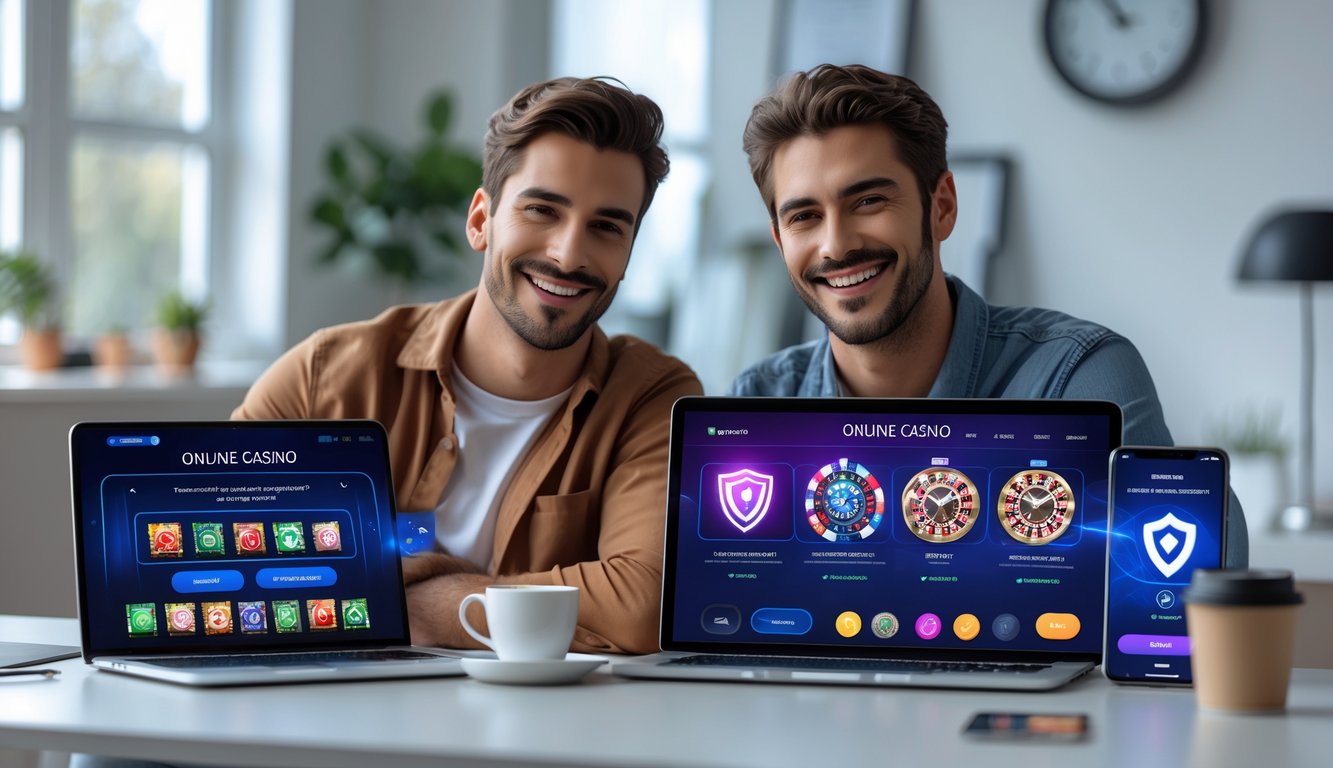 Seorang pria dan wanita muda duduk di meja modern menggunakan perangkat digital untuk bermain judi online dengan ekspresi senang dan percaya diri.