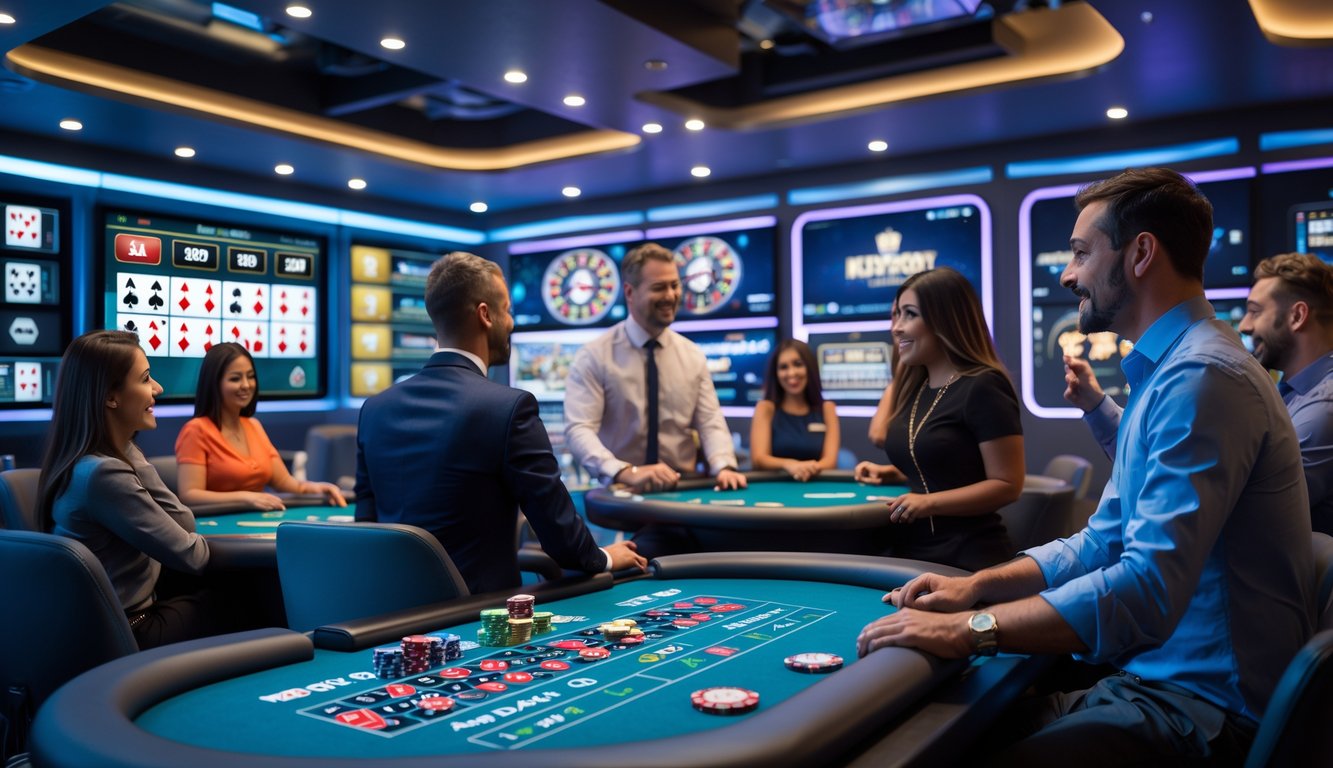 Orang-orang bermain permainan kasino langsung secara online dengan suasana modern dan profesional.