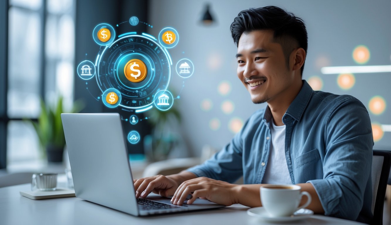 Seorang pria muda Indonesia menggunakan laptop di ruang kerja modern dengan latar belakang ikon bank lokal.