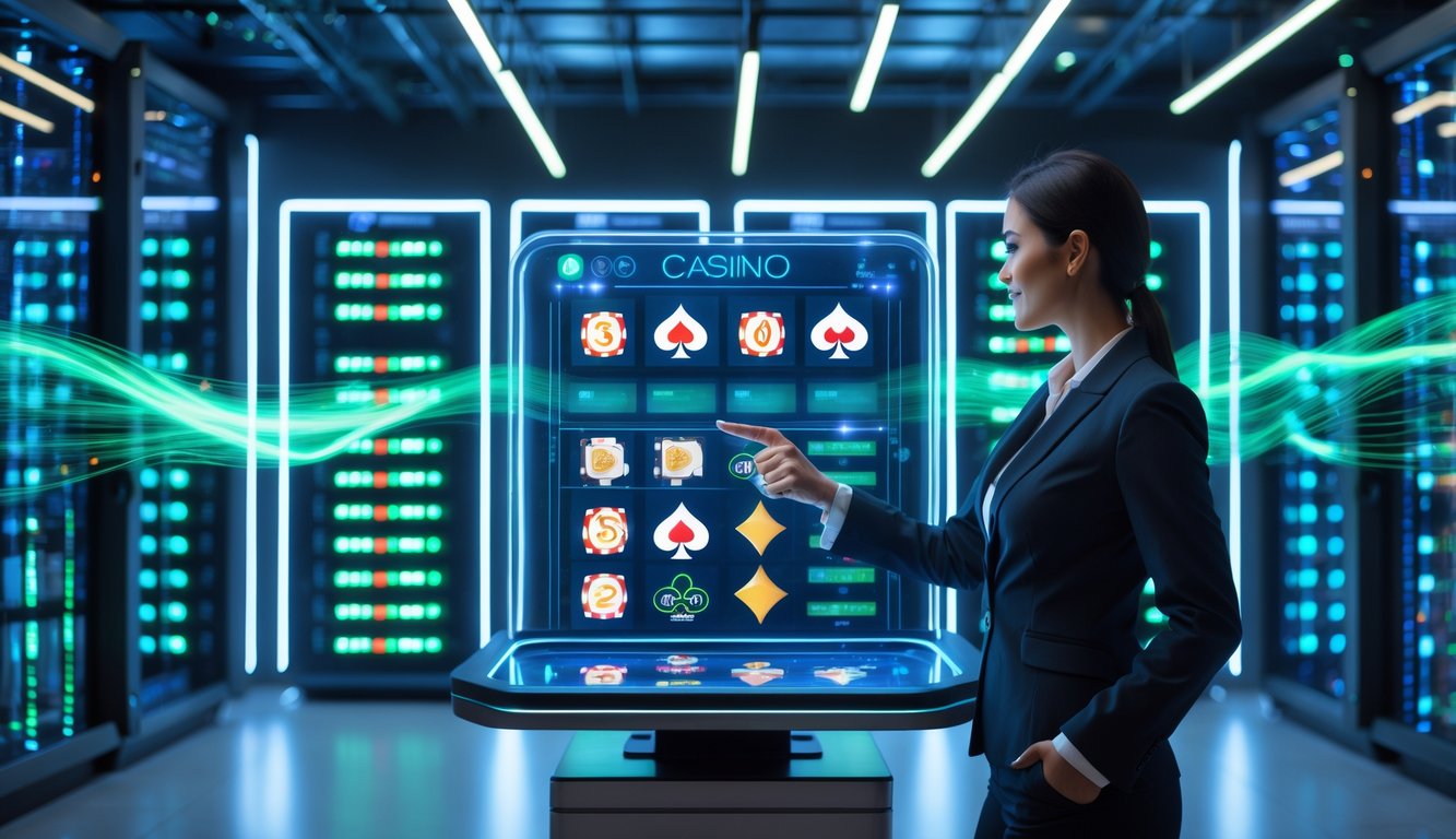 Seorang profesional di depan layar sentuh transparan dengan latar belakang ruang server teknologi tinggi yang modern.