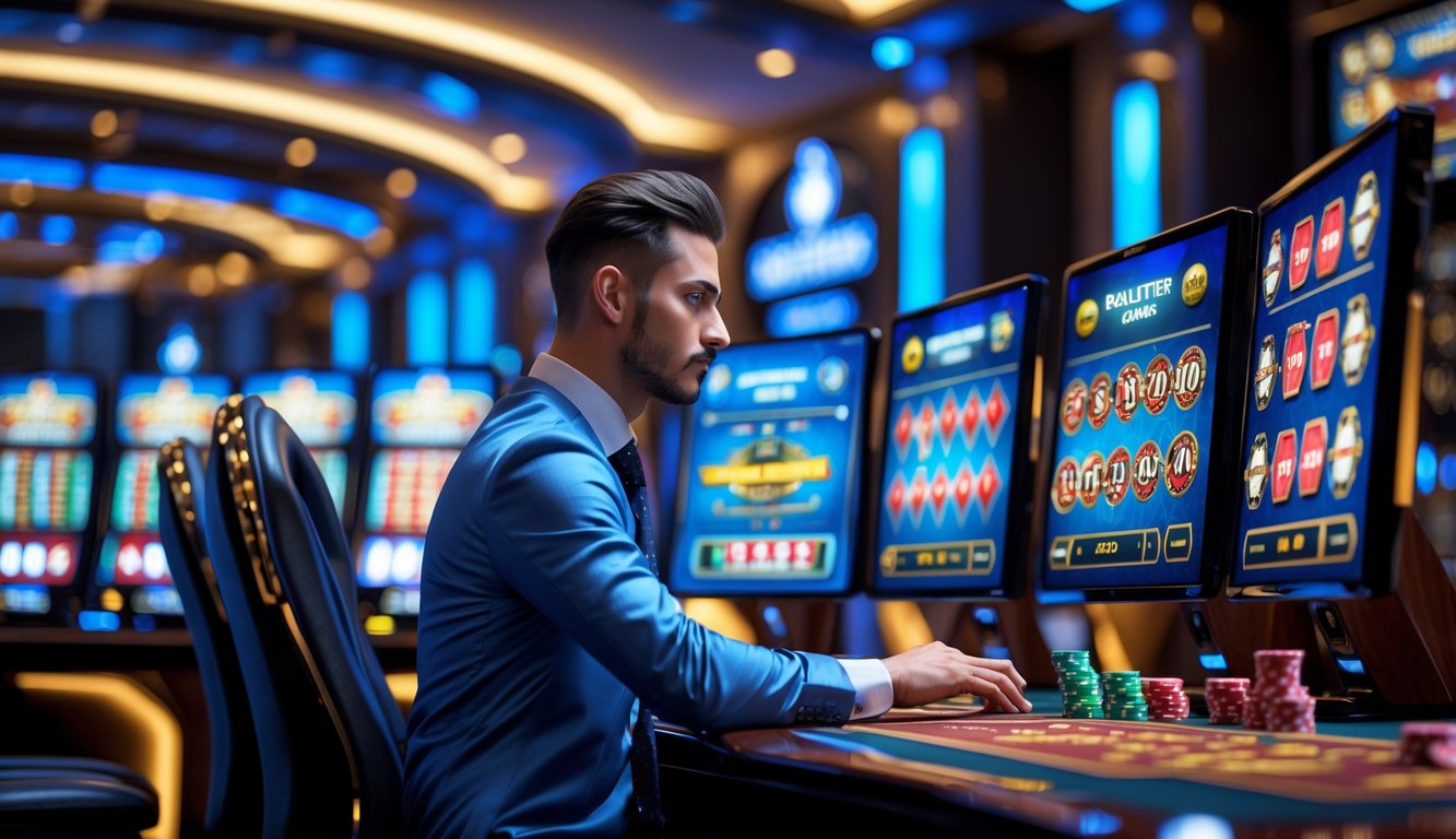Seorang pemain berjudi online yang fokus dengan beberapa monitor menampilkan permainan kasino di meja yang mewah dan pencahayaan hangat.