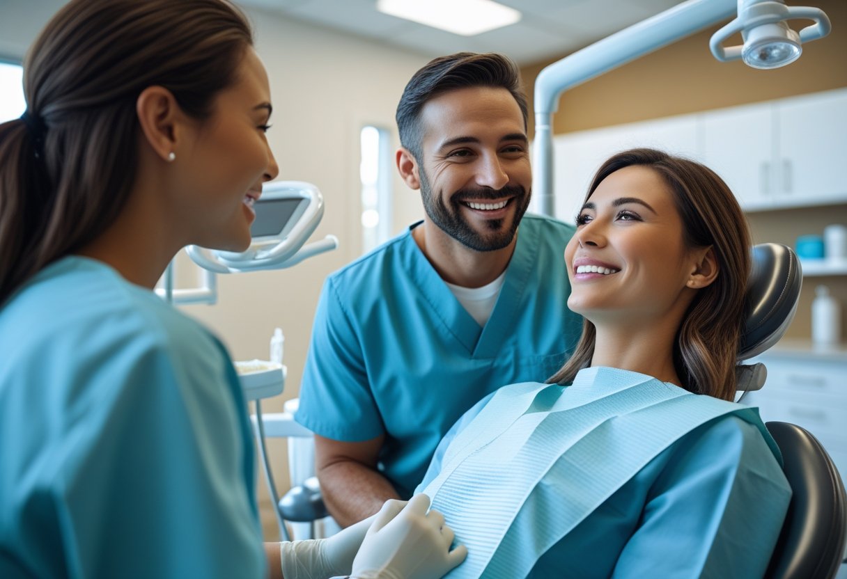 A dentist and patient sharing a warm moment in a modern dental clinic.
