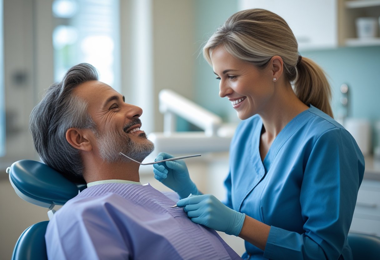 A dental professional and a patient sharing a warm, friendly moment in a modern dental clinic.