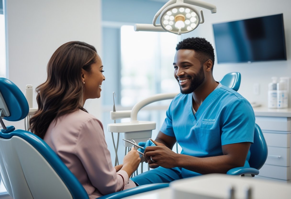 A dentist and patient smiling and talking inside a modern dental clinic.