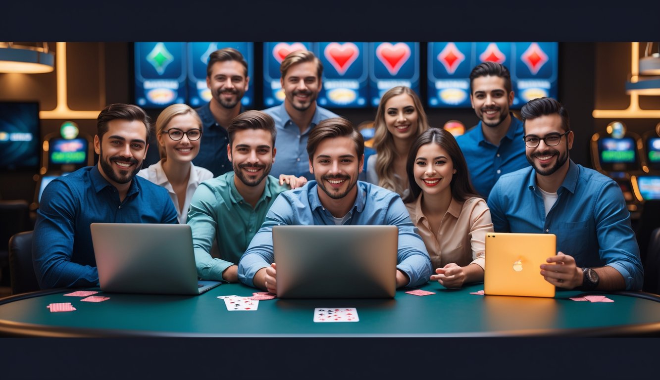 Sekelompok orang yang percaya diri menggunakan perangkat digital untuk bermain kasino online di ruangan modern yang terang dan nyaman.